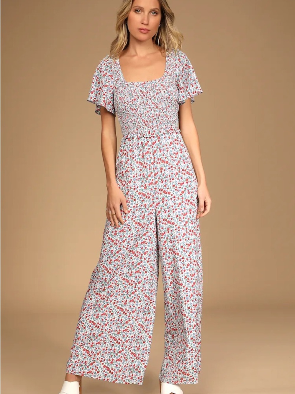 Jump Into Bloom Multi Floral Print Smocked Wide-Leg Jumpsuit